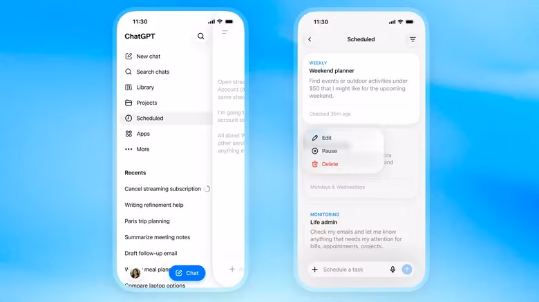 Экран приложения ChatGPT с центром задач на iPhone