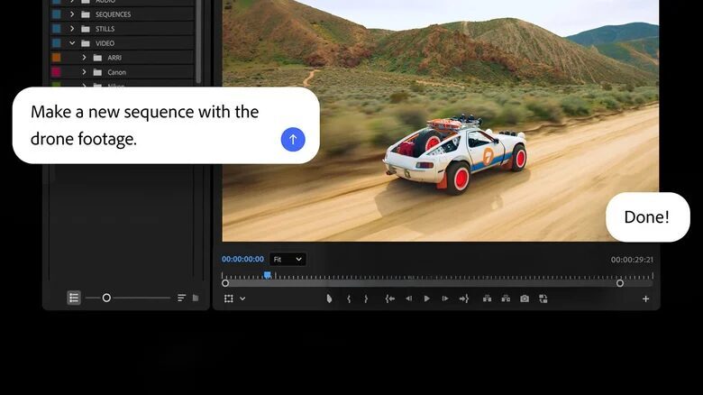 Фокусировка на интерфейсе Adobe Premiere Pro с видеоклипом и функцией Firefly