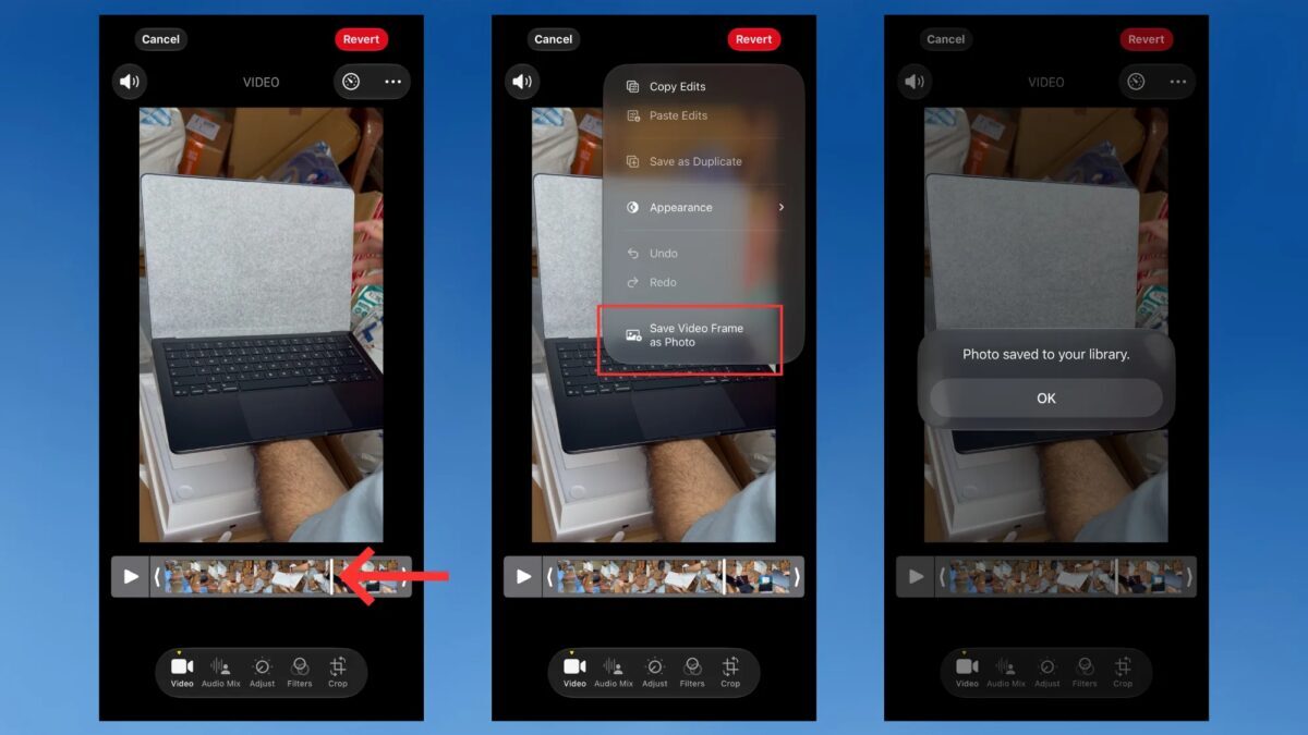 Экран iOS 27 приложение редактирование видео сохранение фотографии видео