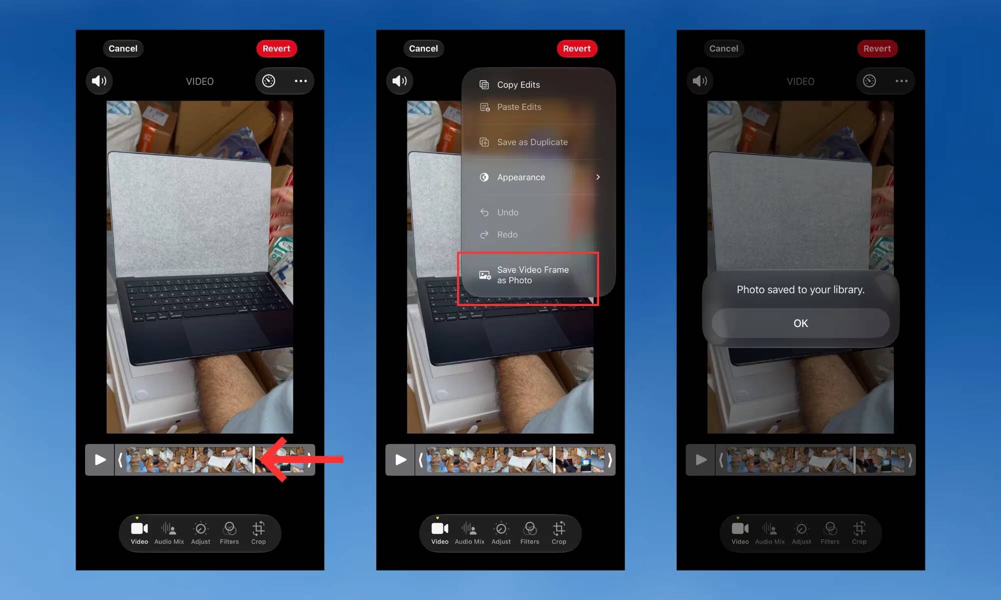 Экран iOS 27 приложение редактирование видео сохранение фотографии видео