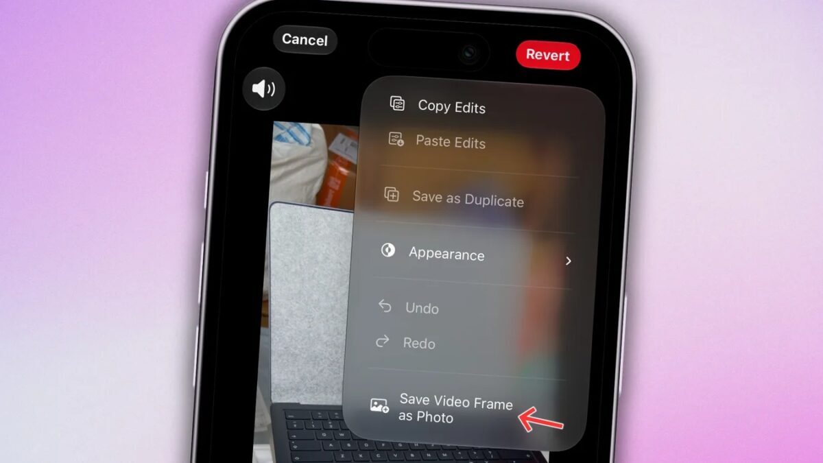 Экран iPhone с меню сохранения видеокадра из iOS 27