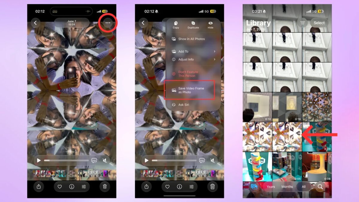 скриншоты видео из iOS 27 с меню и фотографиями