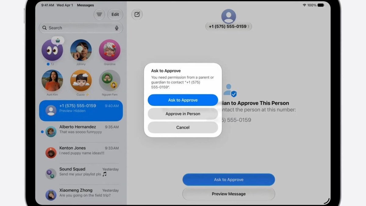Экран iPadOS 27 с сообщением запроса разрешения для контакта Siri AI