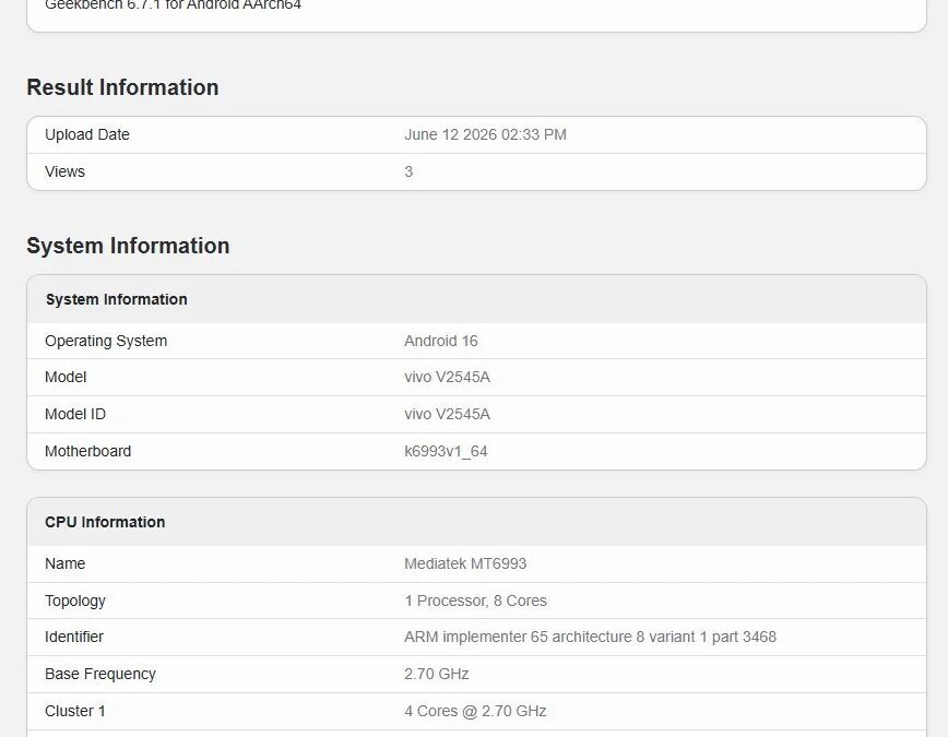Результаты Geekbench для Vivo V2545A с процессором Dimensity 9500