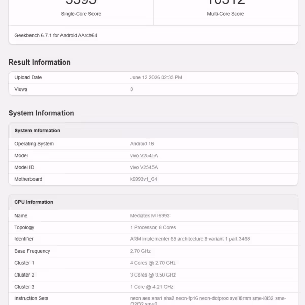 Результаты Geekbench для Vivo V2545A с процессором Dimensity 9500