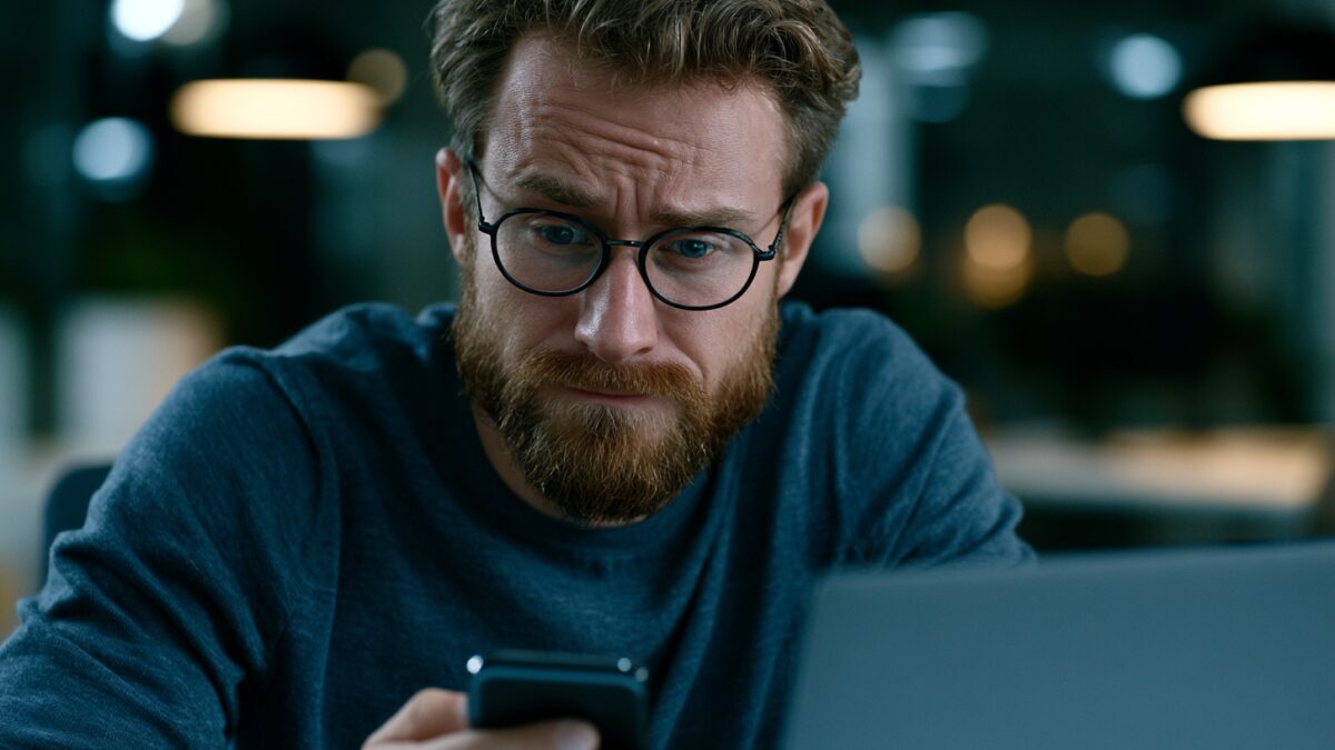 Мужчина в очках и с бородой использует смартфон