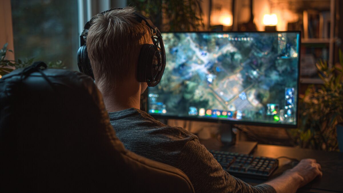 игрок за компьютером с монитором Windows 11 Steam дисплеем