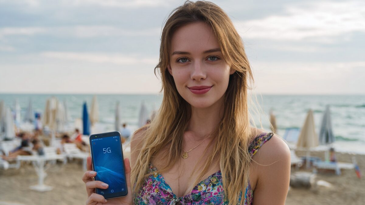 Молодая женщина с длинными светлыми волосами держит смартфон МТС 5G