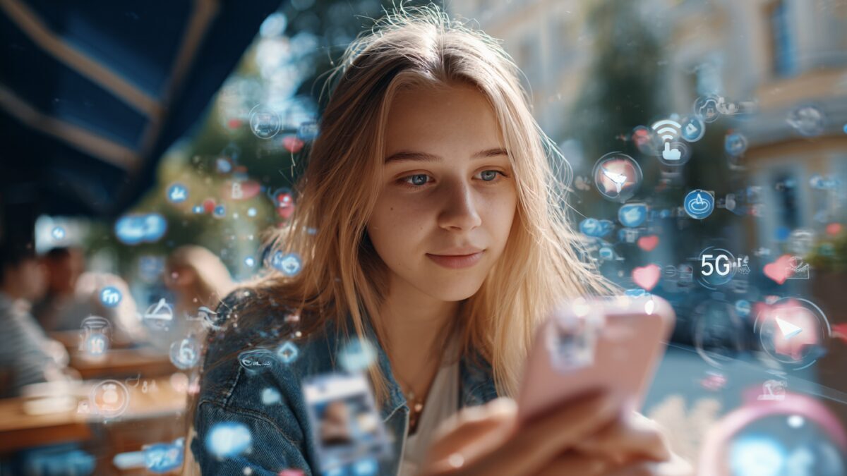 Молодая женщина использует iPhone 11 в кафе
