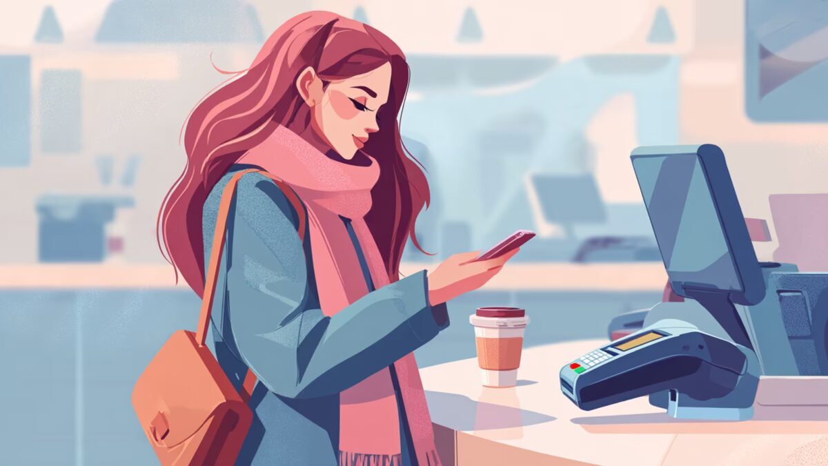 Девушка с телефоном в руке у кассы ВТБ бесконтактная оплата через Bluetooth