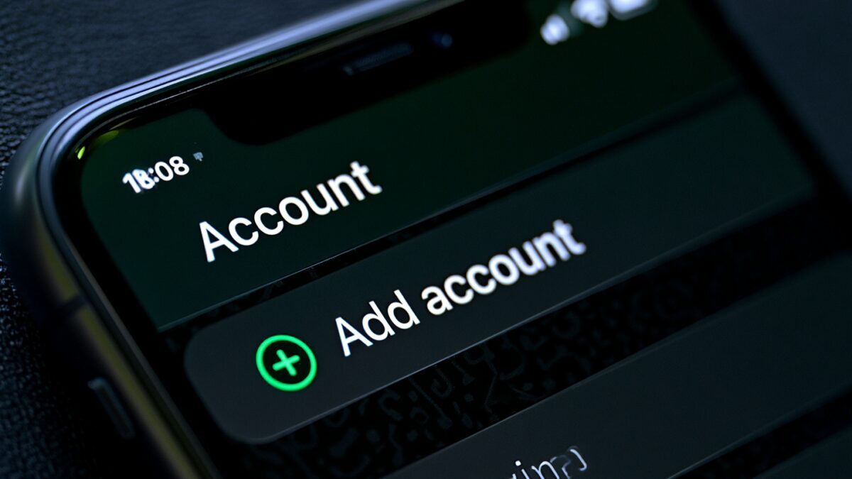 экран iPhone с приложением WhatsApp и кнопкой добавить аккаунт