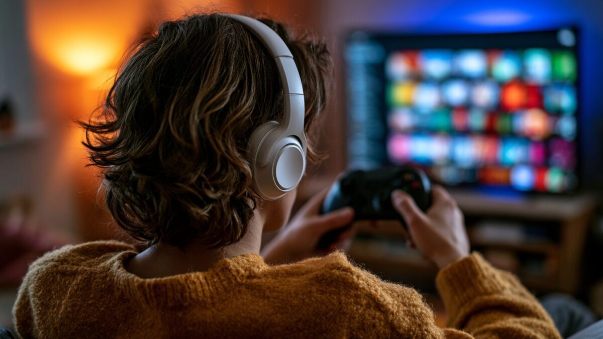 женщина в наушниках играет на приставке PlayStation со смартфоном