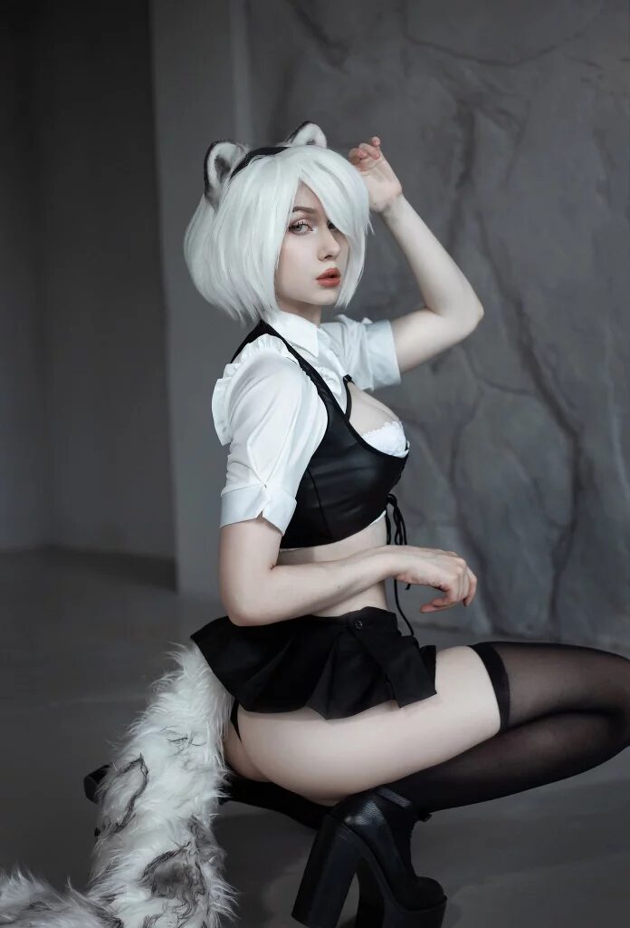 Косплей 2B из NieR Automata с белыми волосами ушами и чулками