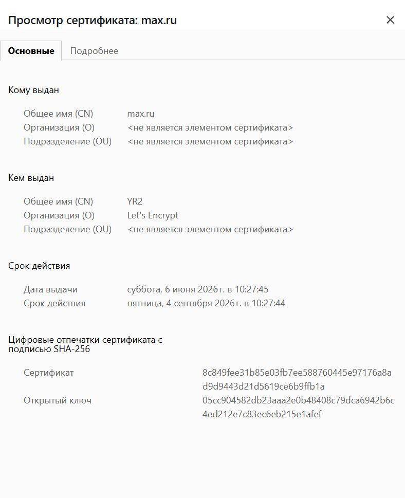 Сертификат сайта max.ru с SHA-256 подписью и сроком действия