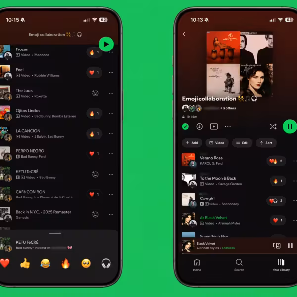 Экран смартфона с совместным плейлистом Spotify и эмодзи-реакциями