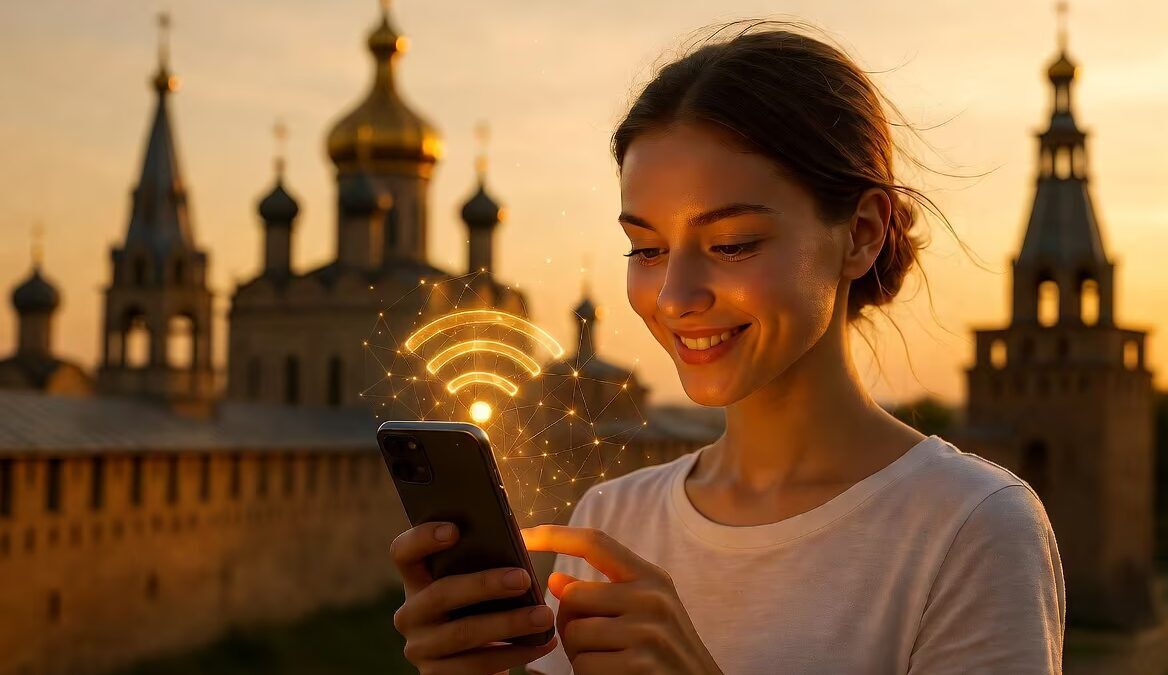 Женщина использует смартфон с Wi-Fi символом Билайн