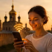 Женщина использует смартфон с Wi-Fi символом Билайн
