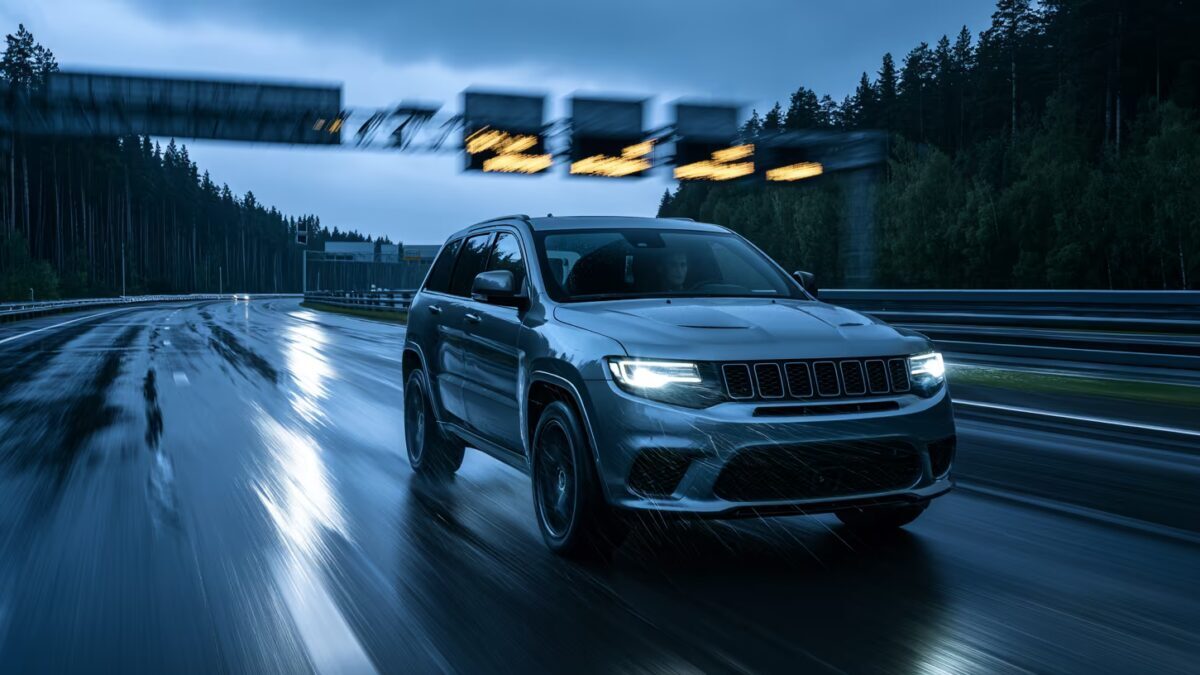 Черная внедорожник Jeep Grand Cherokee на мокрой трассе в дождь