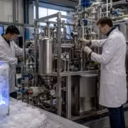Ученые в лабораторных халатах вокруг газовых гидратов тестируют линию