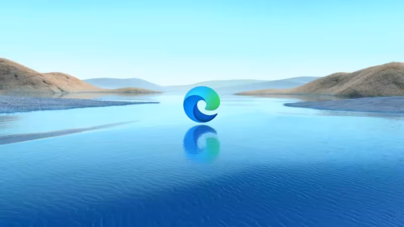 Логотип Microsoft Edge на фоне водной глади и гор