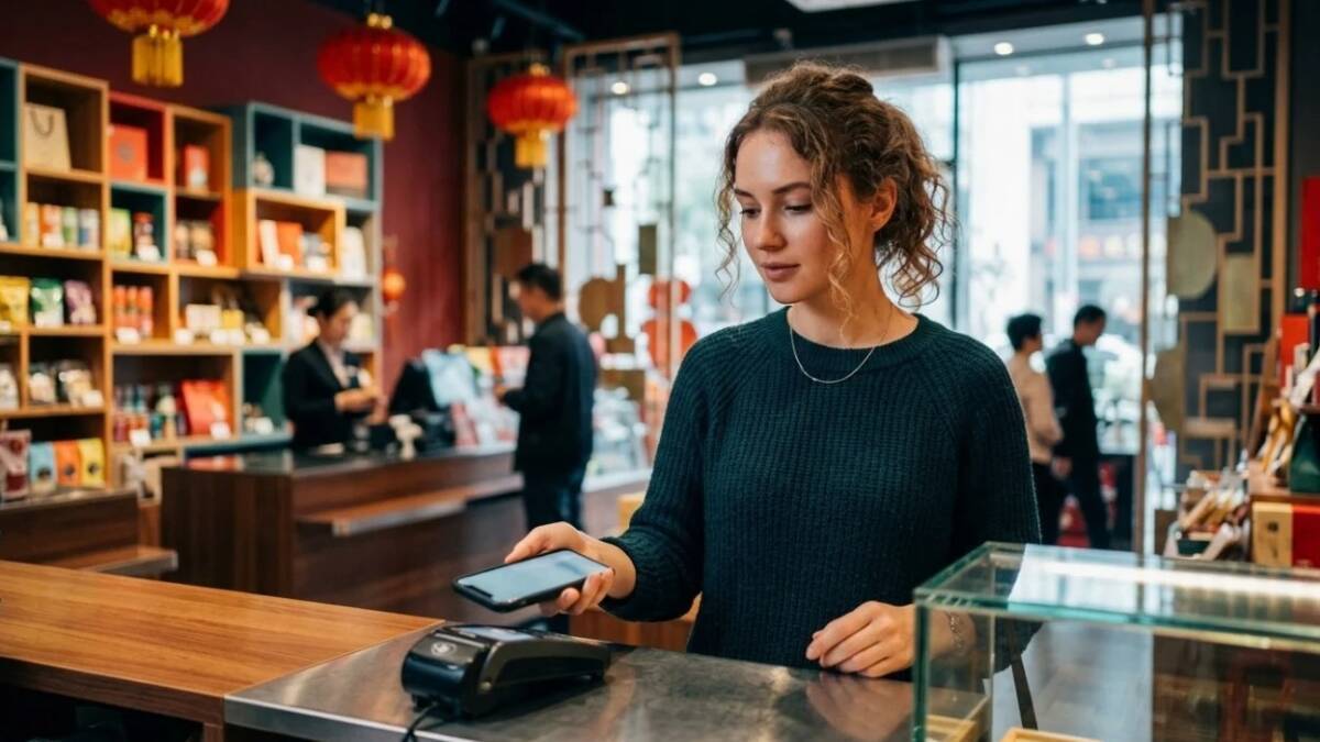 Молодая женщина оплачивает через мобильный телефон МТС в магазине Китая