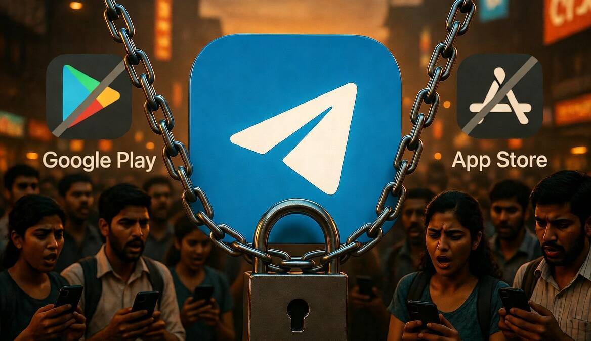 Мощный замок и цепи на логотипе Telegram в толпе людей