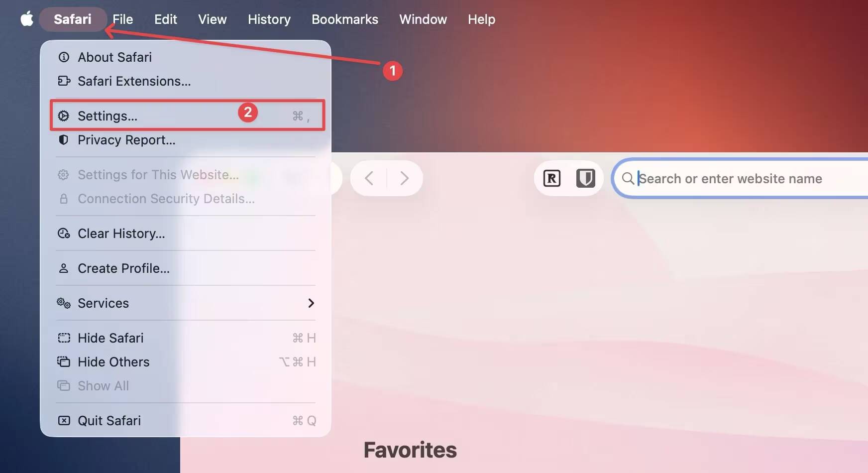 Механизм меню Safari с выбором настроек браузера