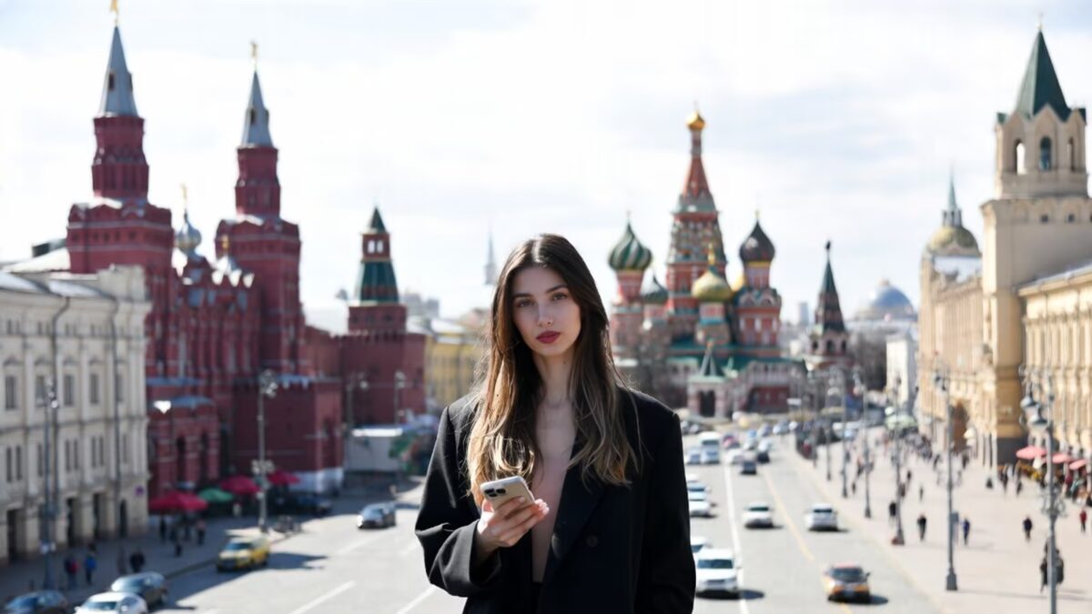 Женщина с телефоном на фоне Кремля в Москве