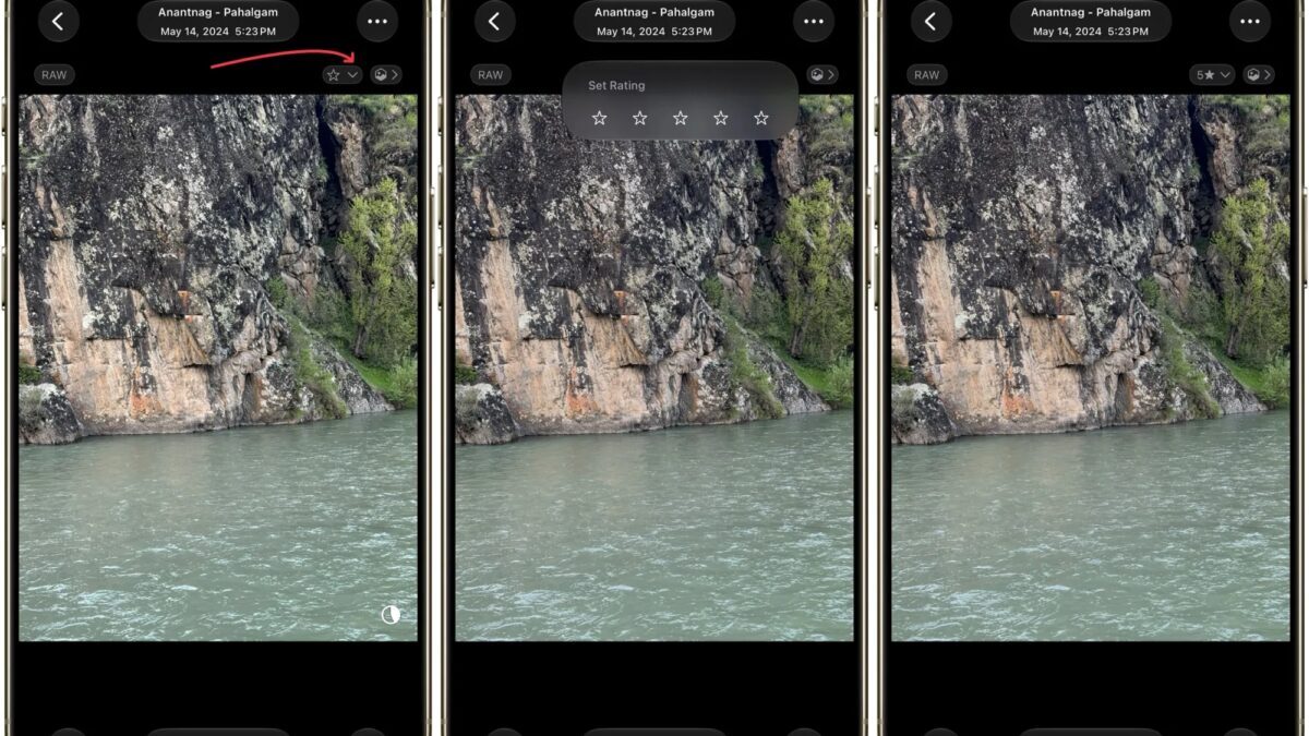 Три смартфона с фотографиями скриншотов оценки фотографии в iOS 27
