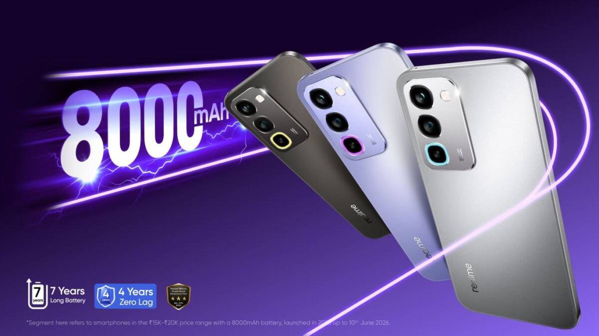 Три смартфона Realme P4R 5G сзади корпуса