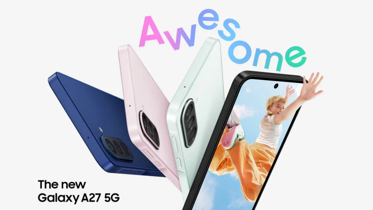 Различные цвета Samsung Galaxy A27 5G и девушка на экране тел