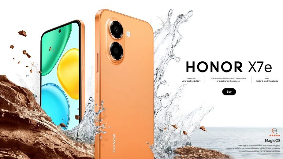Смартфон Honor X7e Plus 5G с двумя камерами и рамкой оранжевого цвета