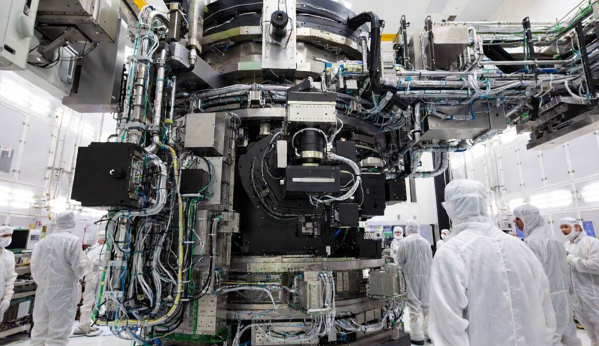 Крупный промышленный аппарат TSMC с кабелями и рабочими