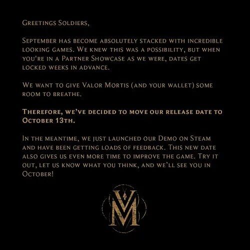 Обновление для Valor Mortis, дата релиза 13 октября, сообщение разработчиков