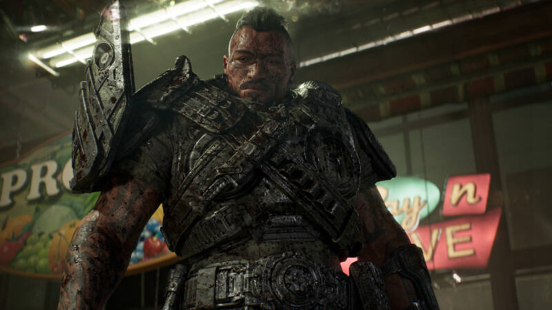 Джордж на фоне магазина с яркими огнями Gears of War