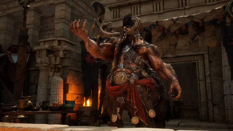 Великан с рогами и оружием в храме Titan Quest 2