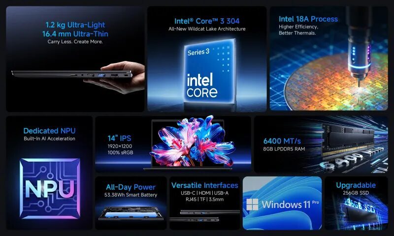 Ноутбук Chuwi UniBook лежит на столе с техническими характеристиками