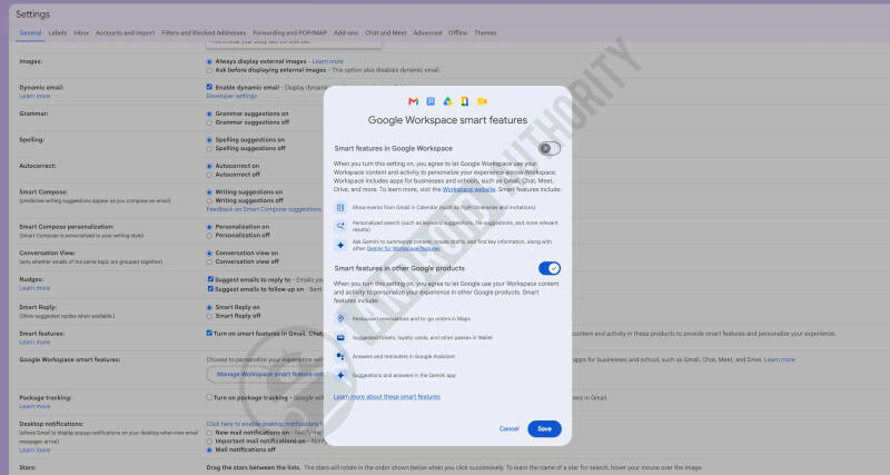 Пара настроек в Google Workspace с выбором уведомлений и функции ИИ-сводки Gmail
