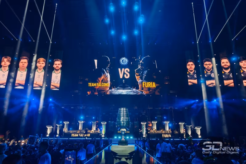 Крупный экран с командой CS2 Team Falcons и Furia на IEM Cologne 2026