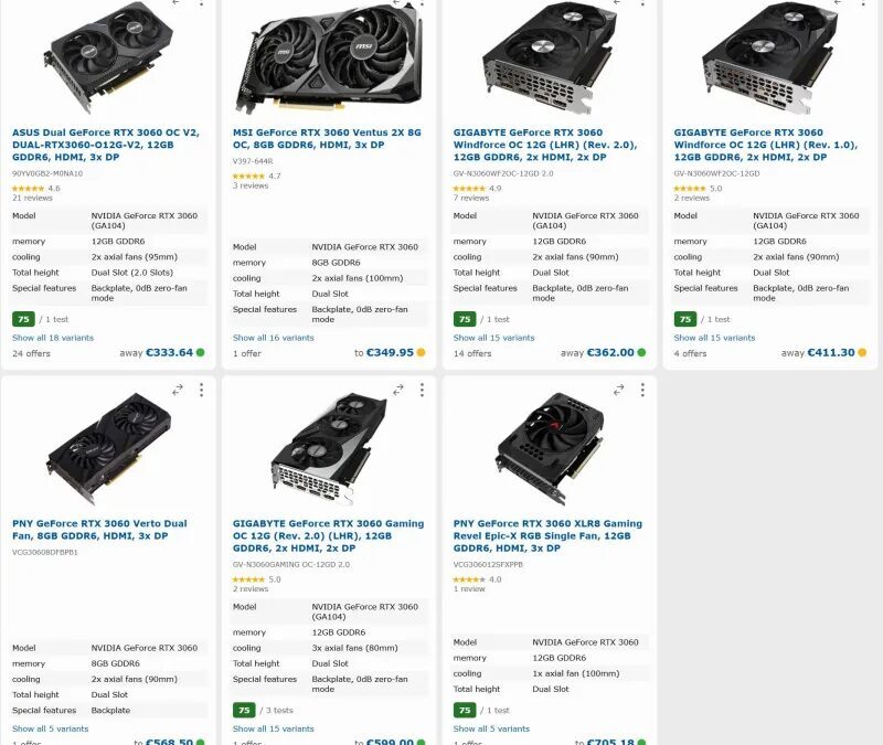 Различные модели видеокарт GeForce RTX 3060 для игр и работы