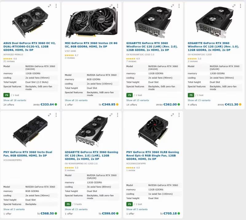 Различные модели видеокарт GeForce RTX 3060 для игр и работы
