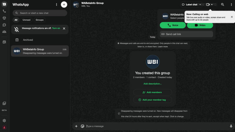 Интерфейс WhatsApp веб-версия с группой и функциями звонков