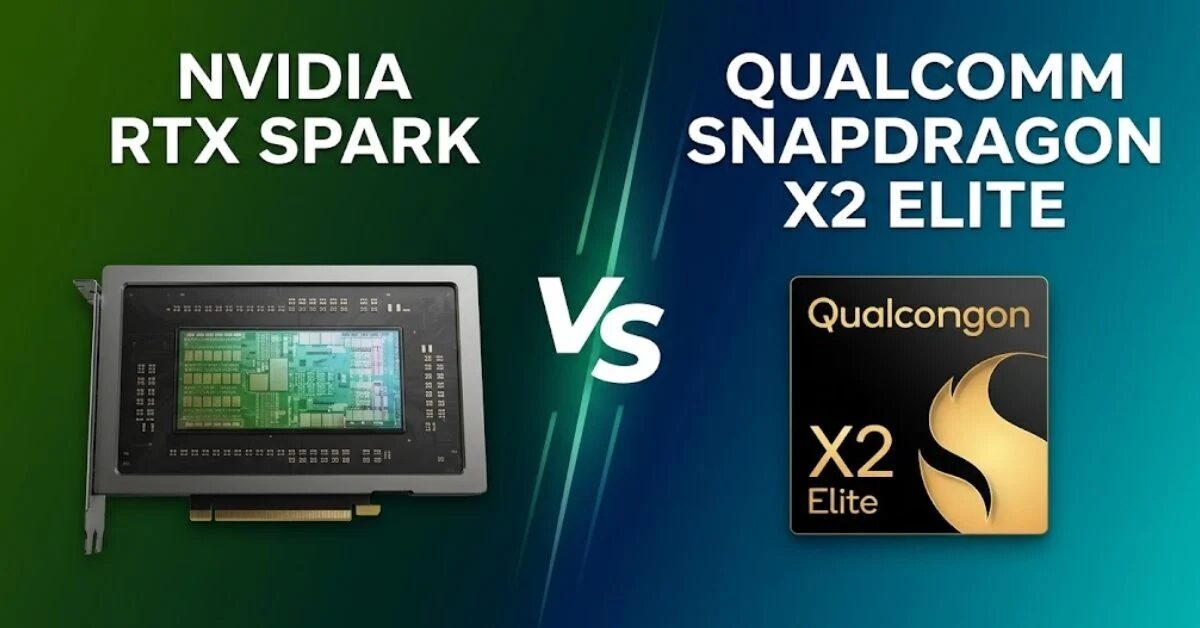 Sлева видна карта GPU Nvidia RTX Spark справа логотип Qualcomm Snapdragon X2 Elite