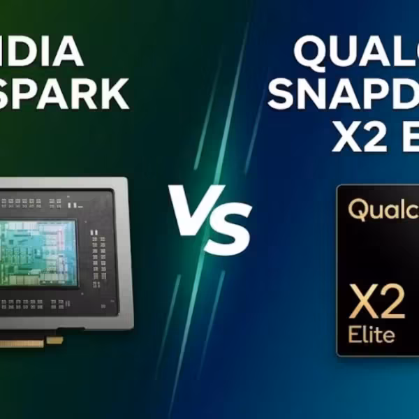 Sлева видна карта GPU Nvidia RTX Spark справа логотип Qualcomm Snapdragon X2 Elite