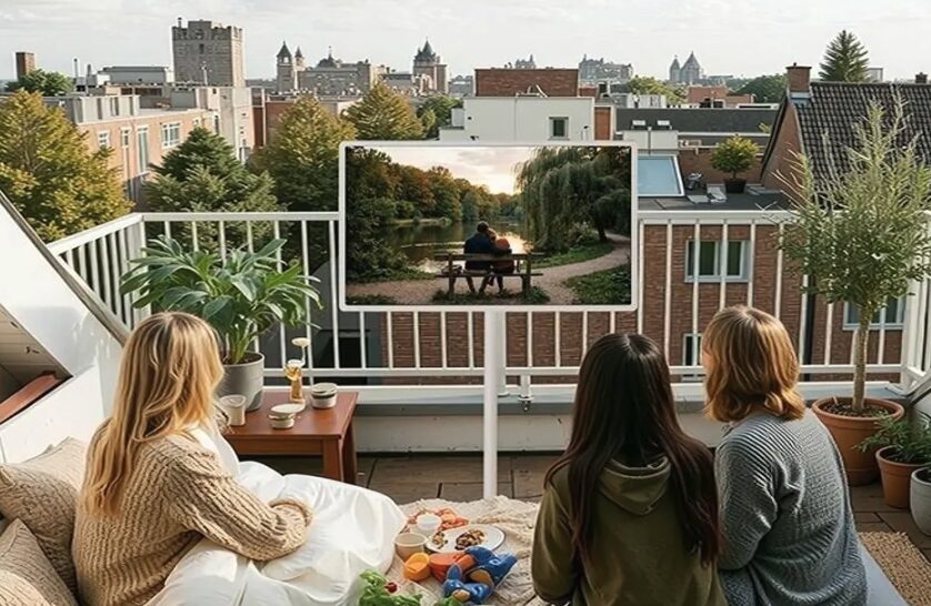 Три человека смотрят LG StanbyME 2 Max на балконе