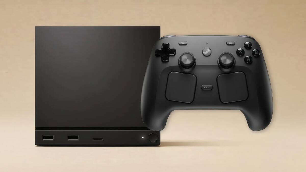 Игровая система Steam Machine от Valve на черном фоне