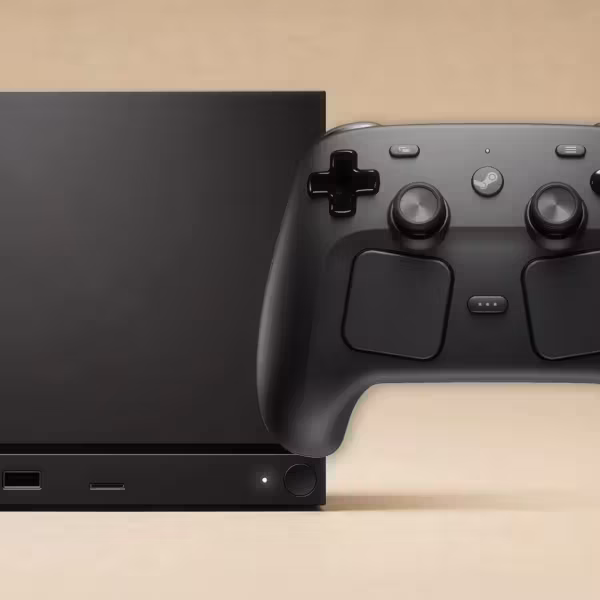 Игровая система Steam Machine от Valve на черном фоне