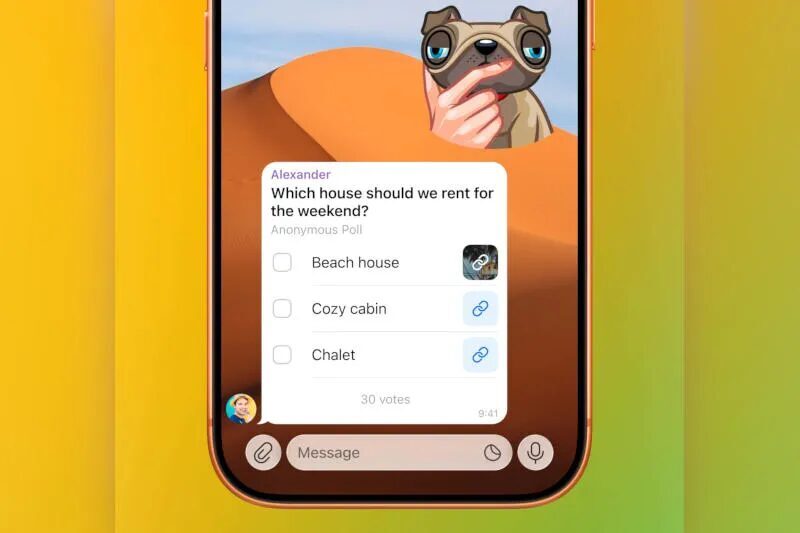 Приложение Telegram на телефоне с голосованием опрос