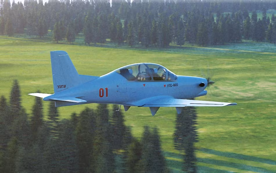 самолёт УТС-800 в полёте над лесами и лугами