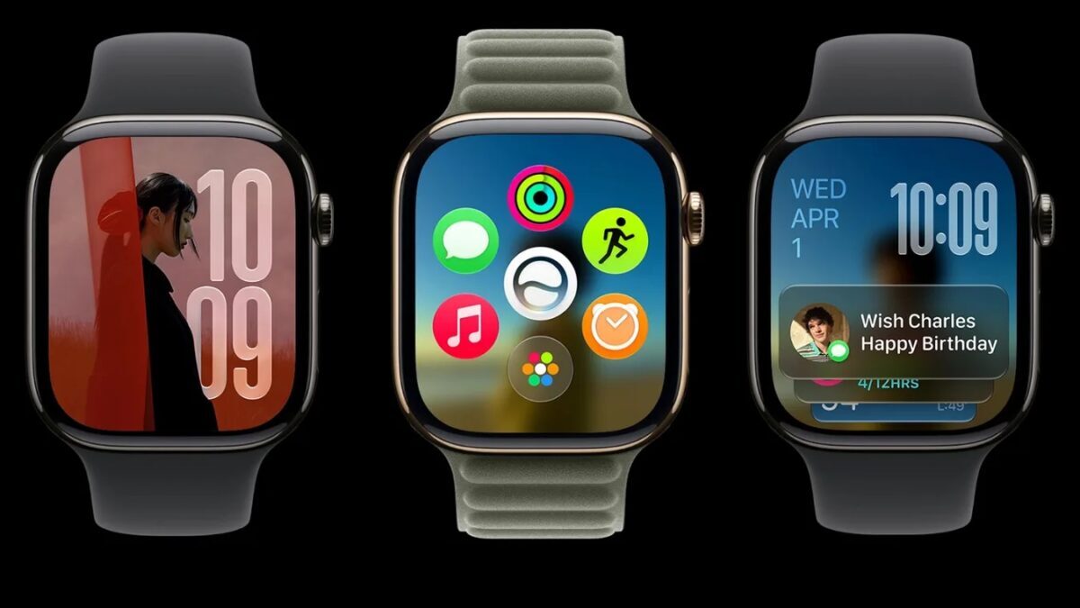 Три умных часы Apple Watch серия 8 показывают различные экраны